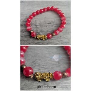 Red Beaded Stretch Bracelet Gold Pixiu Charm Good Luck Wealth Wealth Bracelet